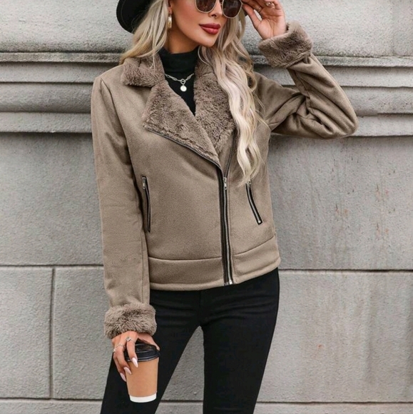 Borg Collar Zip Up Moto Jacket - Picture 3 of 5